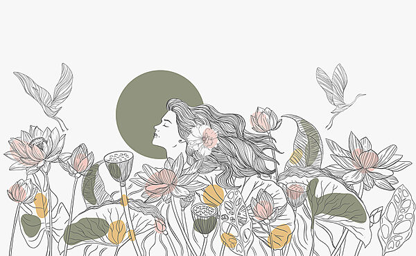 Vrouw met lang haar en bloemen Vrouw met lang haar en bloemen