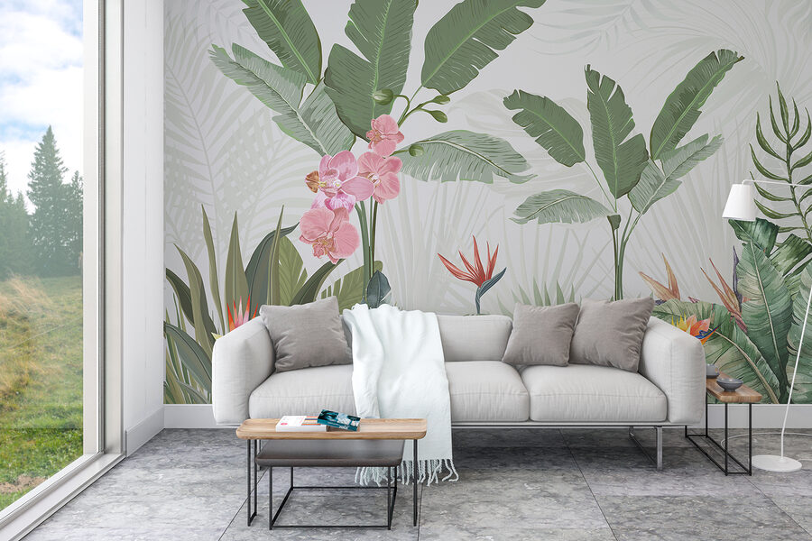 Behang met bloemen en planten