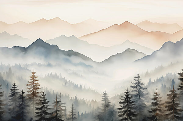 Landschap van bergen met bomen en mist Landschap van bergen met bomen en mist