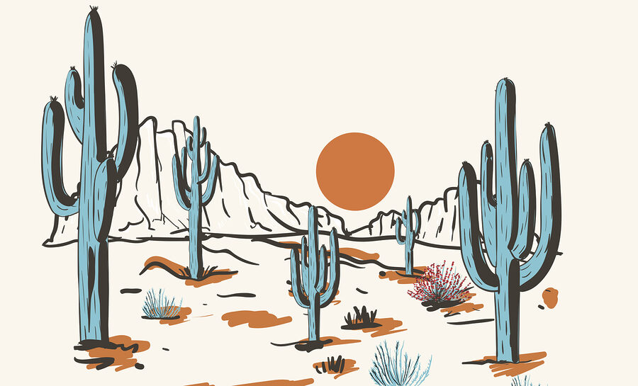 Woestijnlandschap met cactussen en bergen