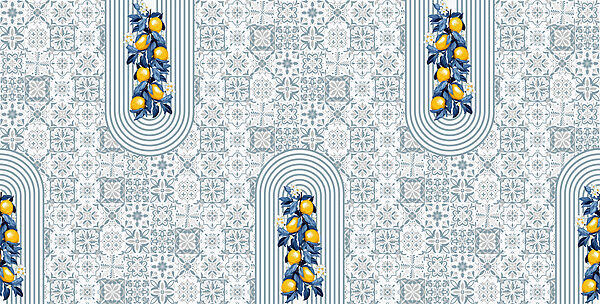 Patroon van fruit op een witte en blauwe achtergrond Patroon van fruit op een witte en blauwe achtergrond
