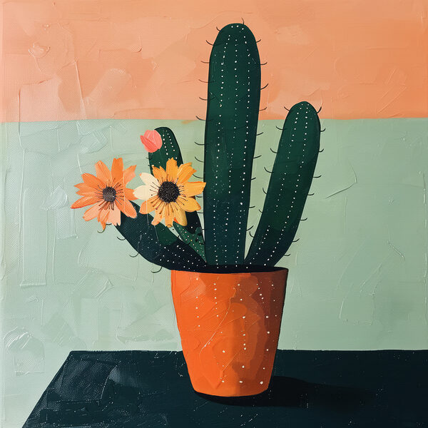 Schilderij van een cactus met bloemen in een pot Schilderij van een cactus met bloemen in een pot