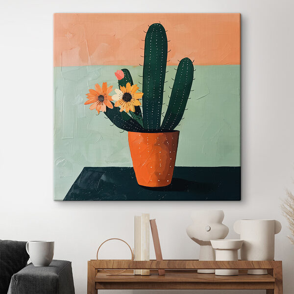 Schilderij van een cactus met bloemen in een pot Schilderij van een cactus met bloemen in een pot
