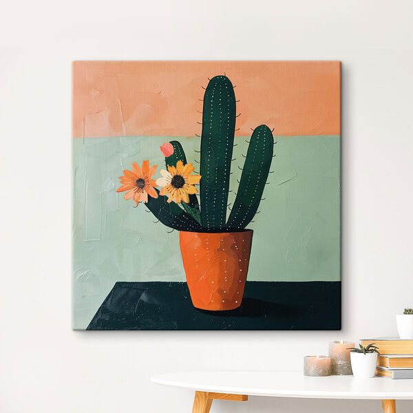 Schilderij van een cactus met bloemen in een pot Schilderij van een cactus met bloemen in een pot