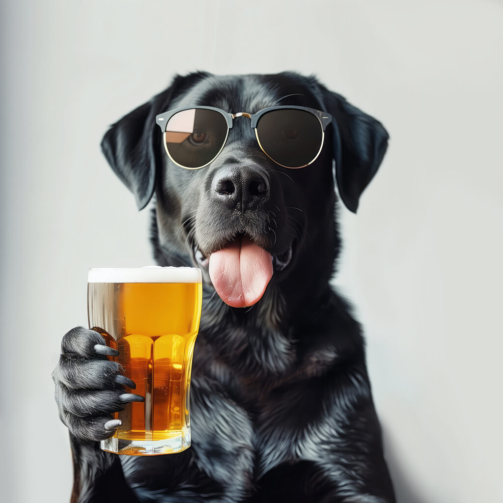 Dog wearing sunglasses and holding a glass of beer