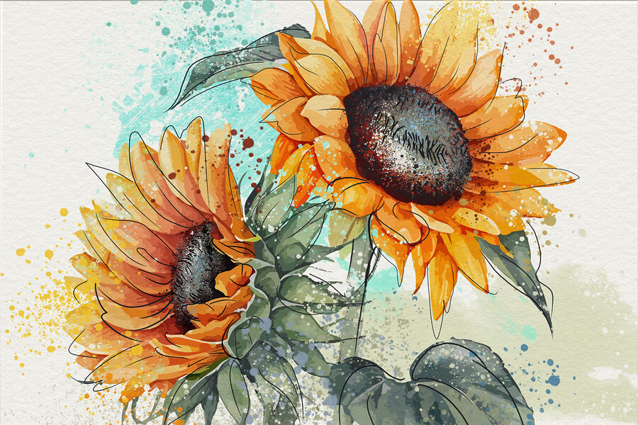 Schilderij van zonnebloemen op een witte achtergrond