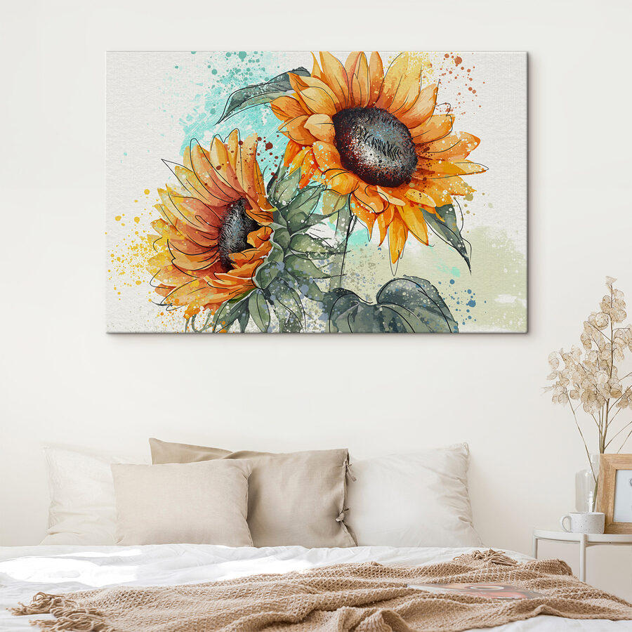 Schilderij van zonnebloemen op een witte achtergrond