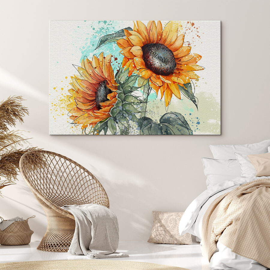 Schilderij van zonnebloemen op een witte achtergrond
