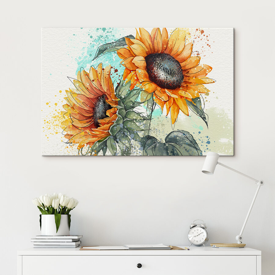 Schilderij van zonnebloemen op een witte achtergrond