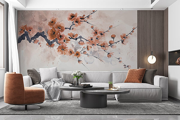 Schilderij van een tak met bloemen Schilderij van een tak met bloemen
