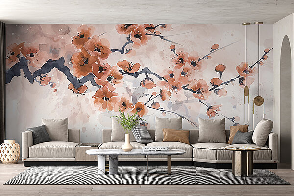 Schilderij van een tak met bloemen Schilderij van een tak met bloemen