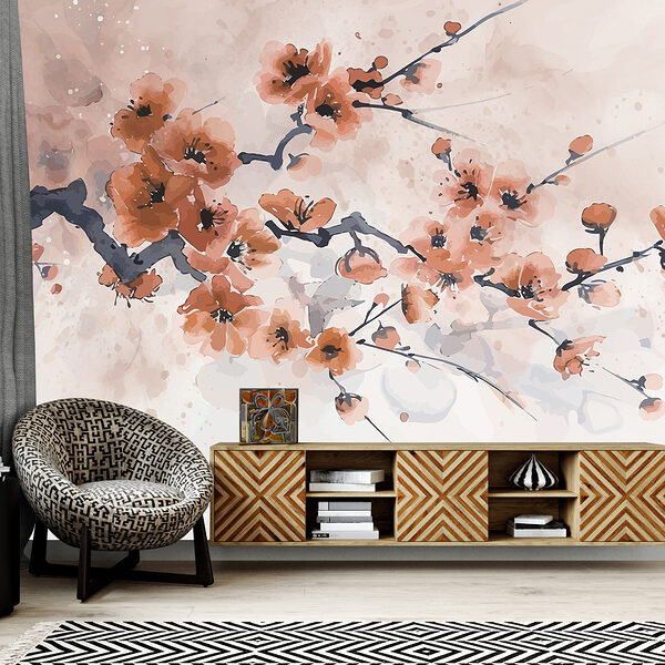 Schilderij van een tak met bloemen Schilderij van een tak met bloemen