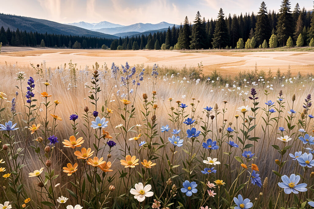Field of flowers with trees in the background