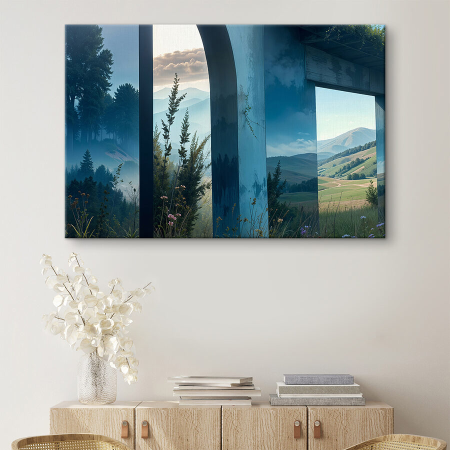 Uitzicht op een landschap door een raam