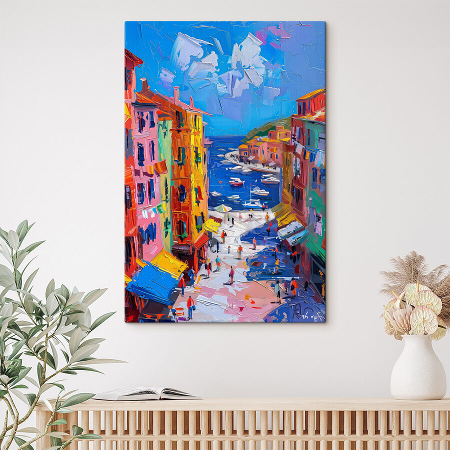 Schilderij van een stad met boten en mensen