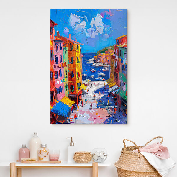 Schilderij van een stad met boten en mensen Schilderij van een stad met boten en mensen