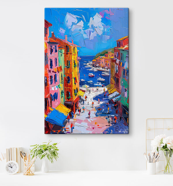 Schilderij van een stad met boten en mensen Schilderij van een stad met boten en mensen