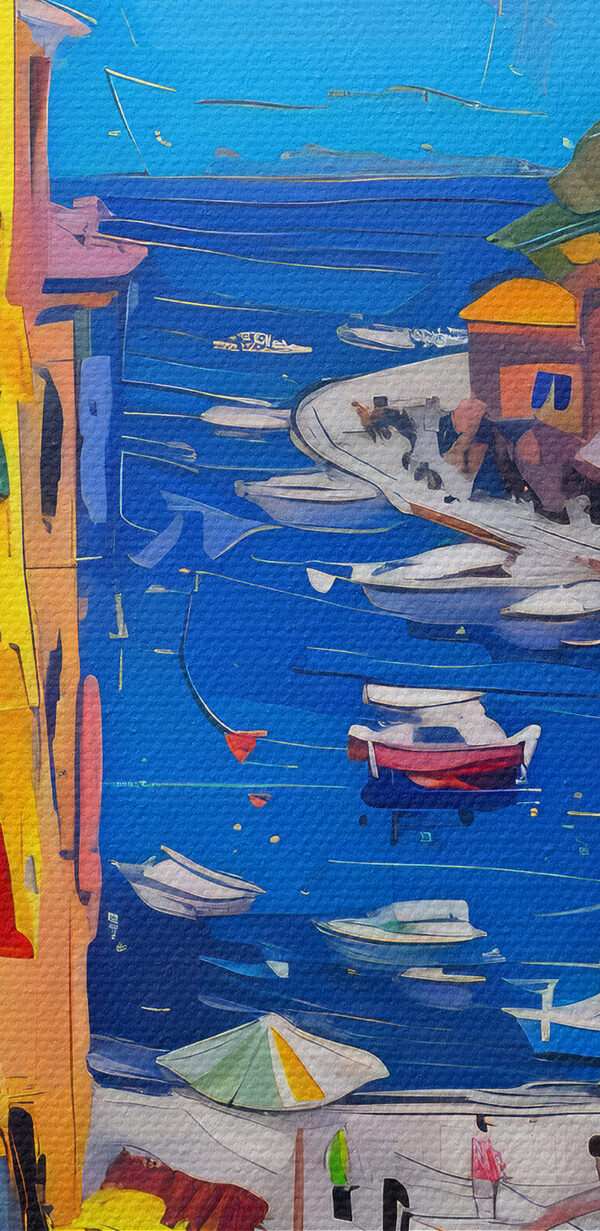Schilderij van een stad met boten en mensen Schilderij van een stad met boten en mensen