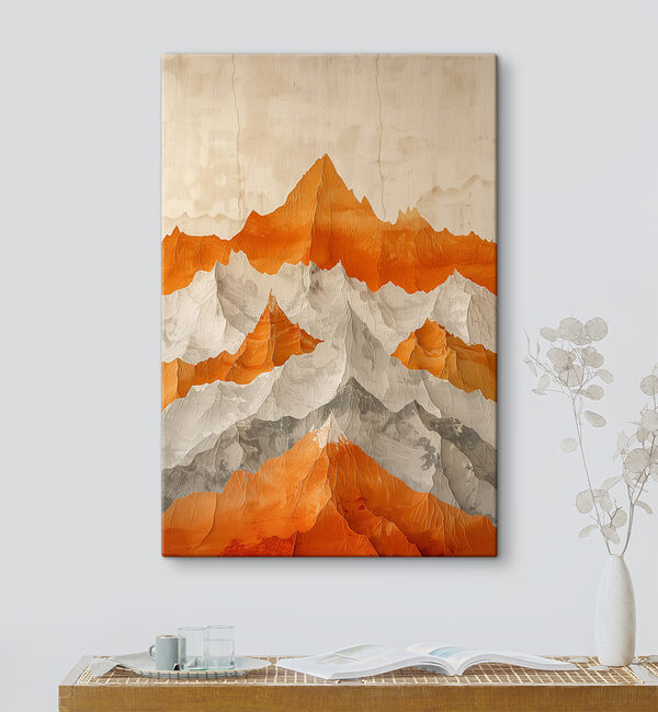 Schilderij van bergen in oranje en wit Schilderij van bergen in oranje en wit