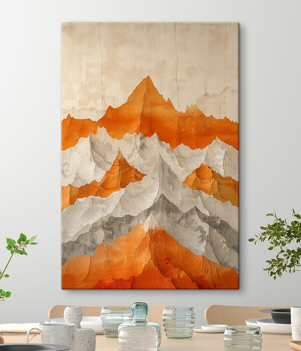 Schilderij van bergen in oranje en wit Schilderij van bergen in oranje en wit