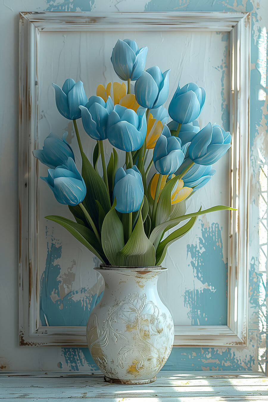 Vaas met blauwe en gele tulpen
