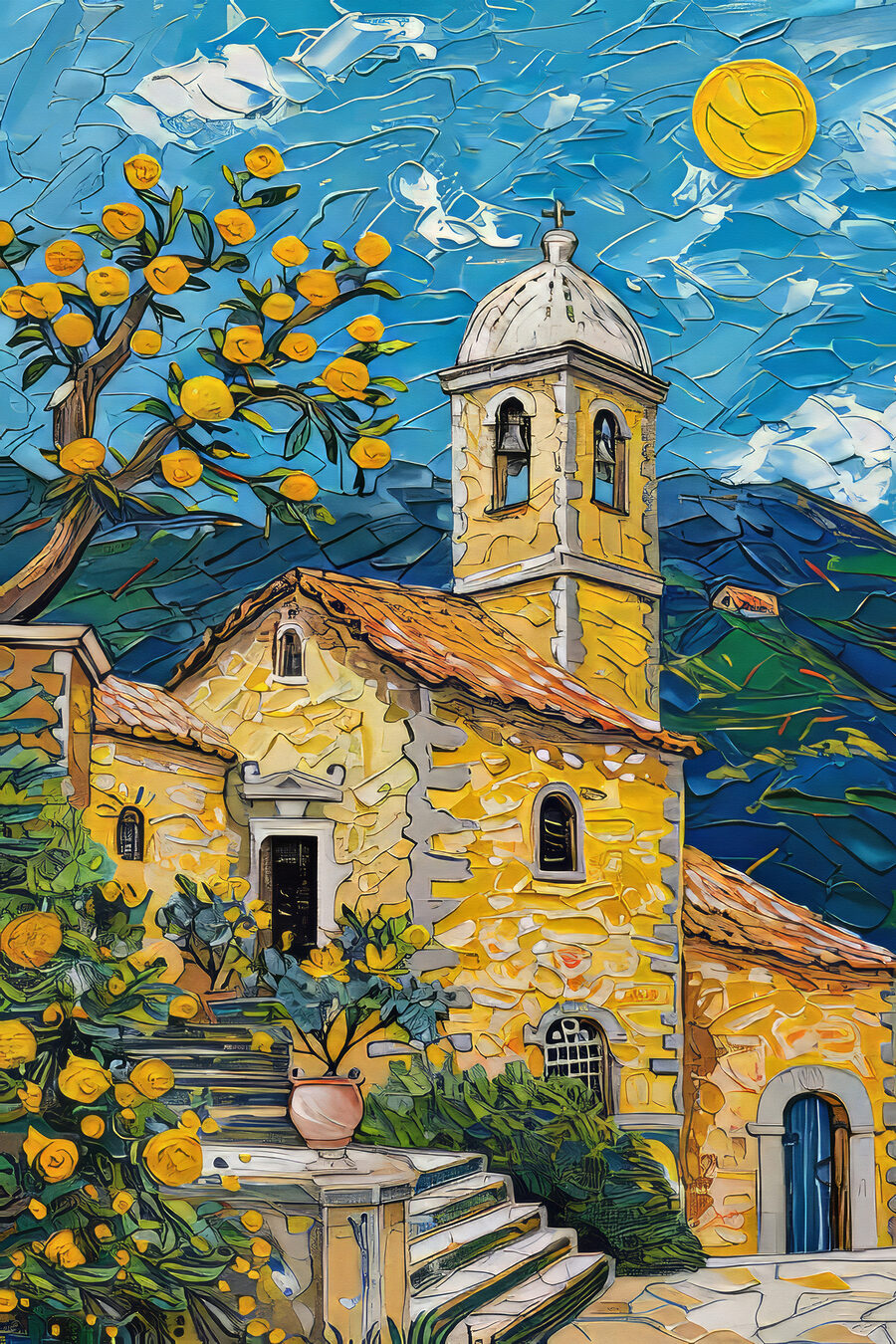 Painting of a building with a bell tower Painting of a building with a bell tower