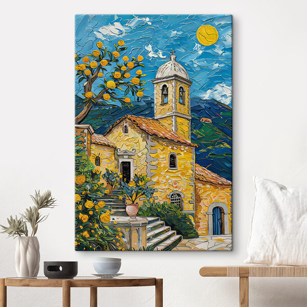 Painting of a building with a bell tower Painting of a building with a bell tower