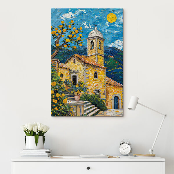 Painting of a building with a bell tower Painting of a building with a bell tower