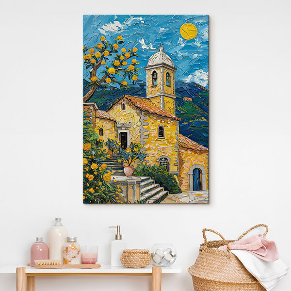 Painting of a building with a bell tower Painting of a building with a bell tower