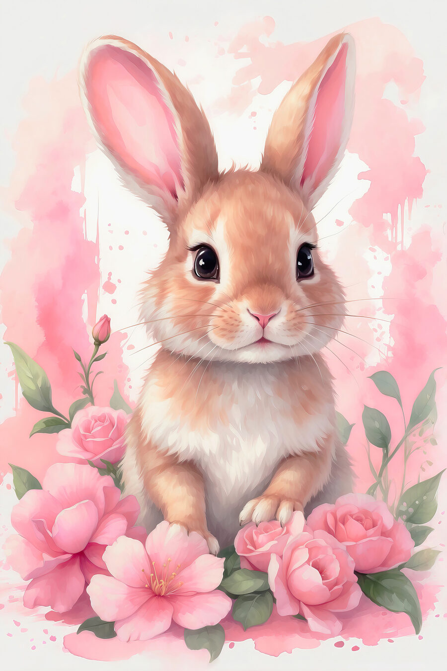 Konijn met roze bloemen