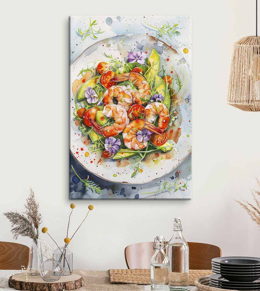 Aquarel van een bord garnalen en avocado Aquarel van een bord garnalen en avocado