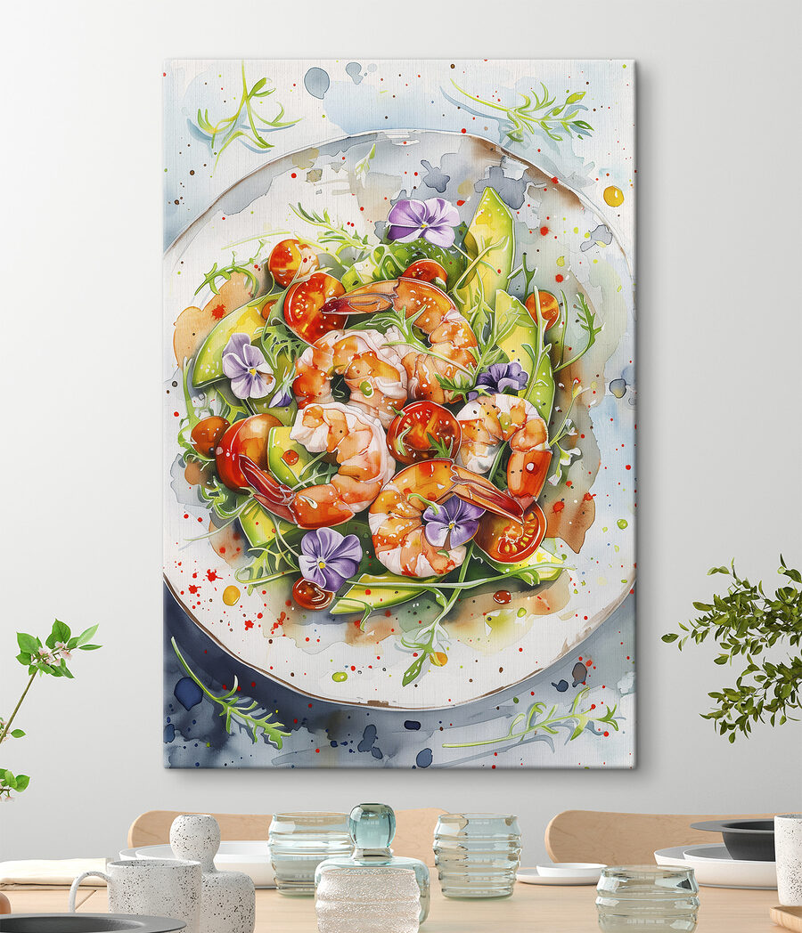 Aquarel van een bord garnalen en avocado Aquarel van een bord garnalen en avocado