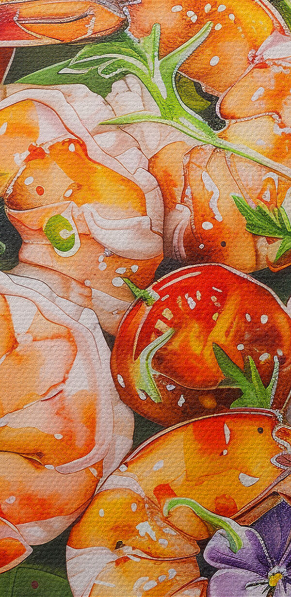 Aquarel van een bord garnalen en avocado Aquarel van een bord garnalen en avocado
