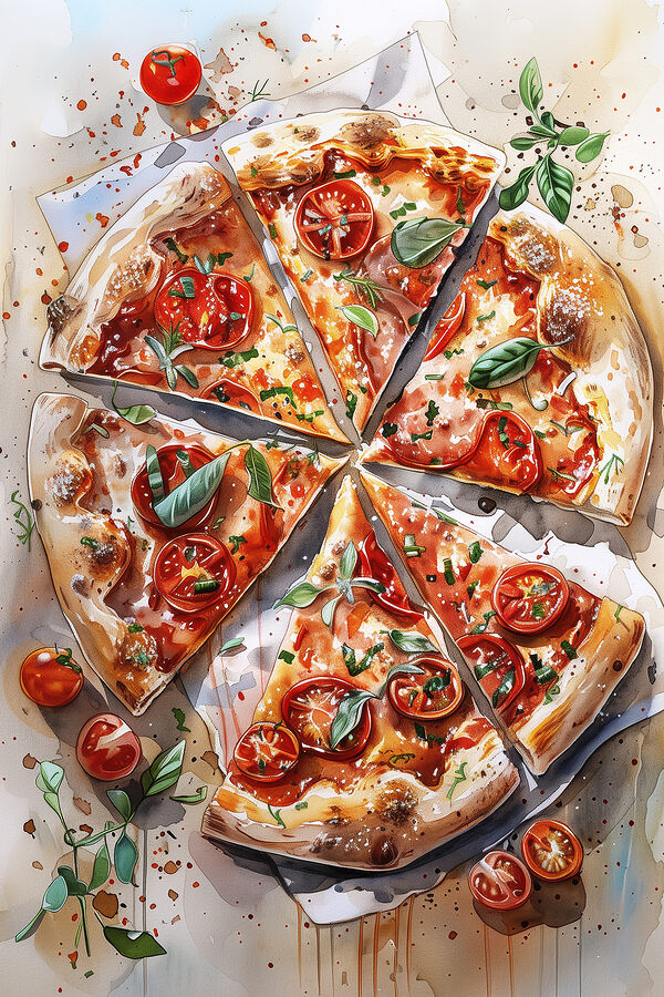 Aquarel van een pizza Aquarel van een pizza