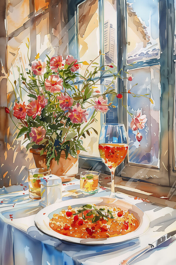 Aquarel van een tafel met eten en bloemen Aquarel van een tafel met eten en bloemen
