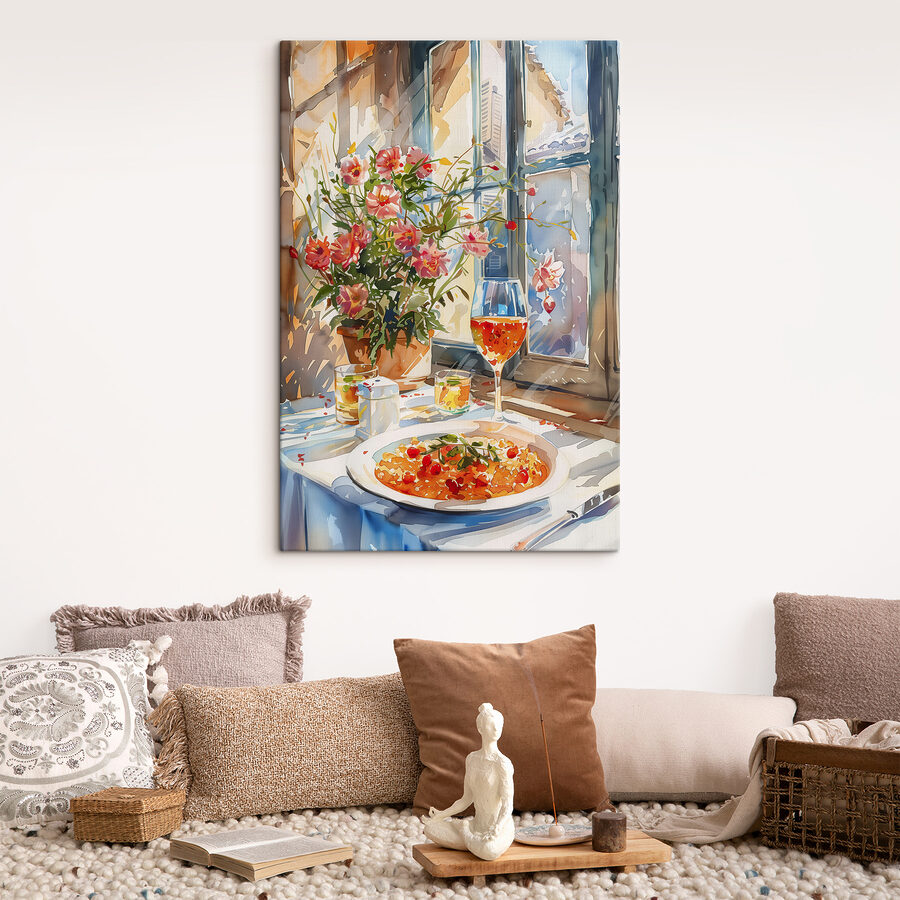 Aquarel van een tafel met eten en bloemen
