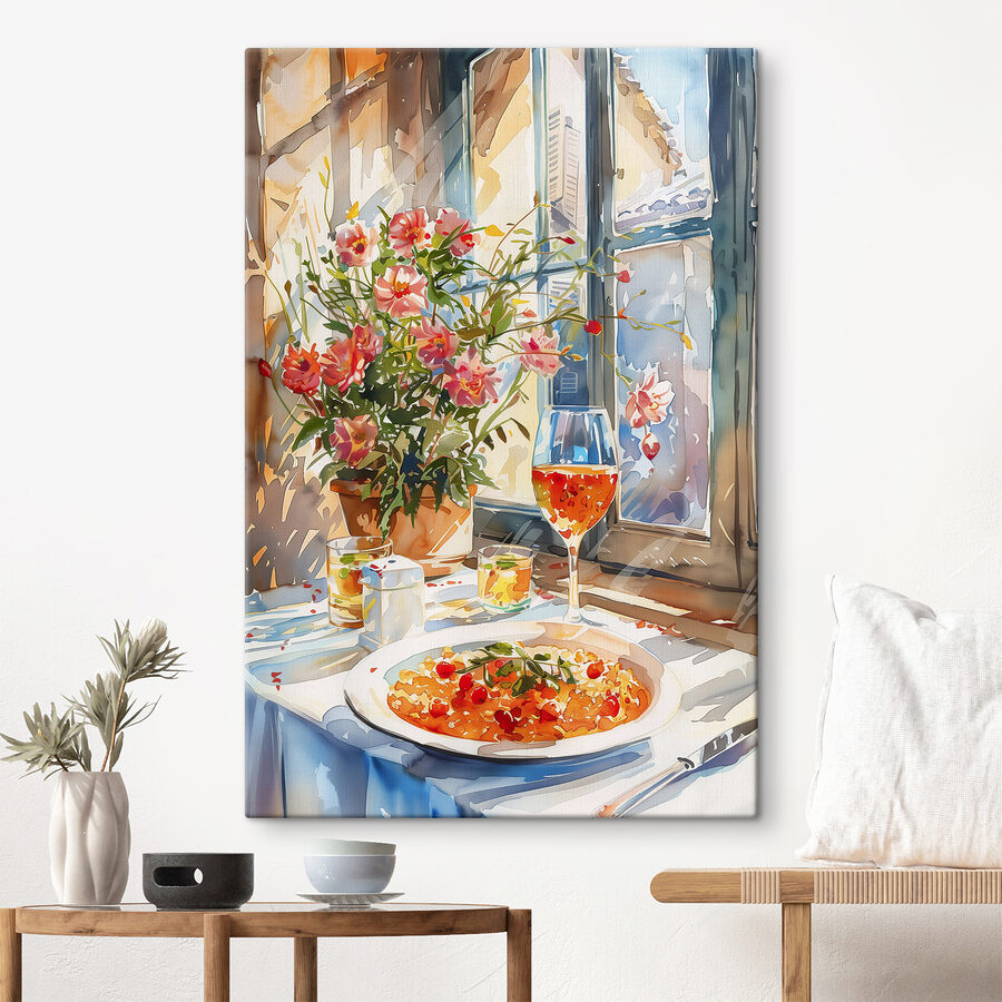 Aquarel van een tafel met eten en bloemen