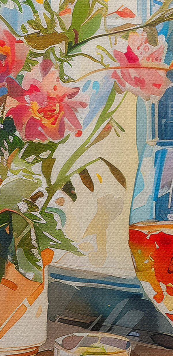 Aquarel van een tafel met eten en bloemen Aquarel van een tafel met eten en bloemen