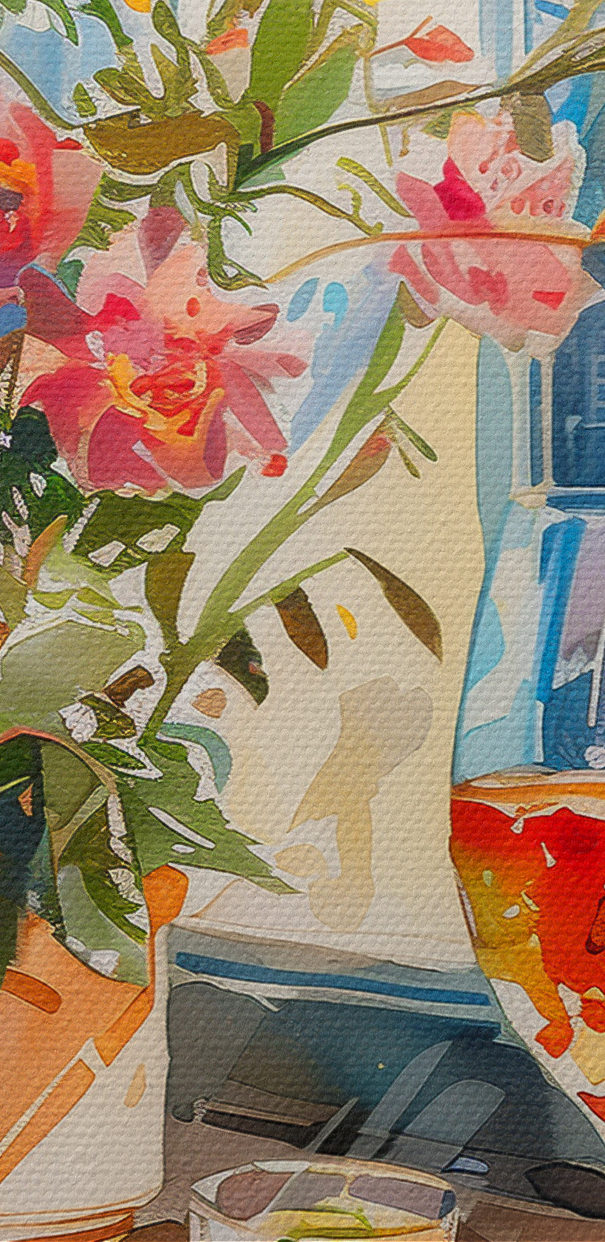 Aquarel van een tafel met eten en bloemen