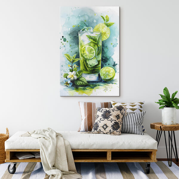 Aquarel van een drankje met limoenen en bladeren Aquarel van een drankje met limoenen en bladeren