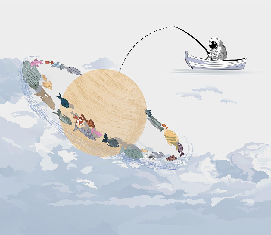 Cartoon van een planeet met vissen erin