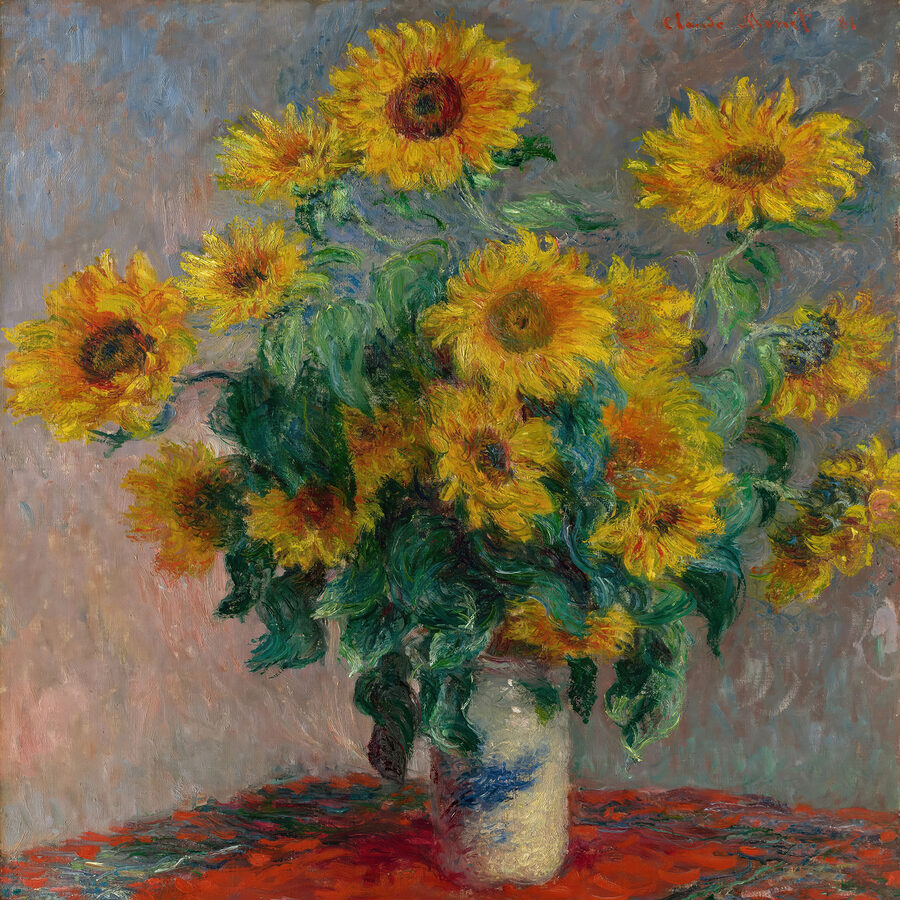 Schilderij van zonnebloemen in een vaas