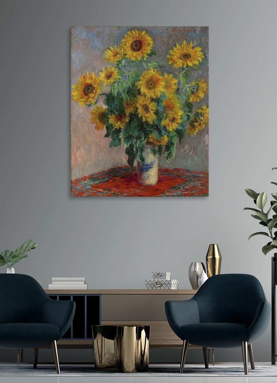 Schilderij van zonnebloemen in een vaas