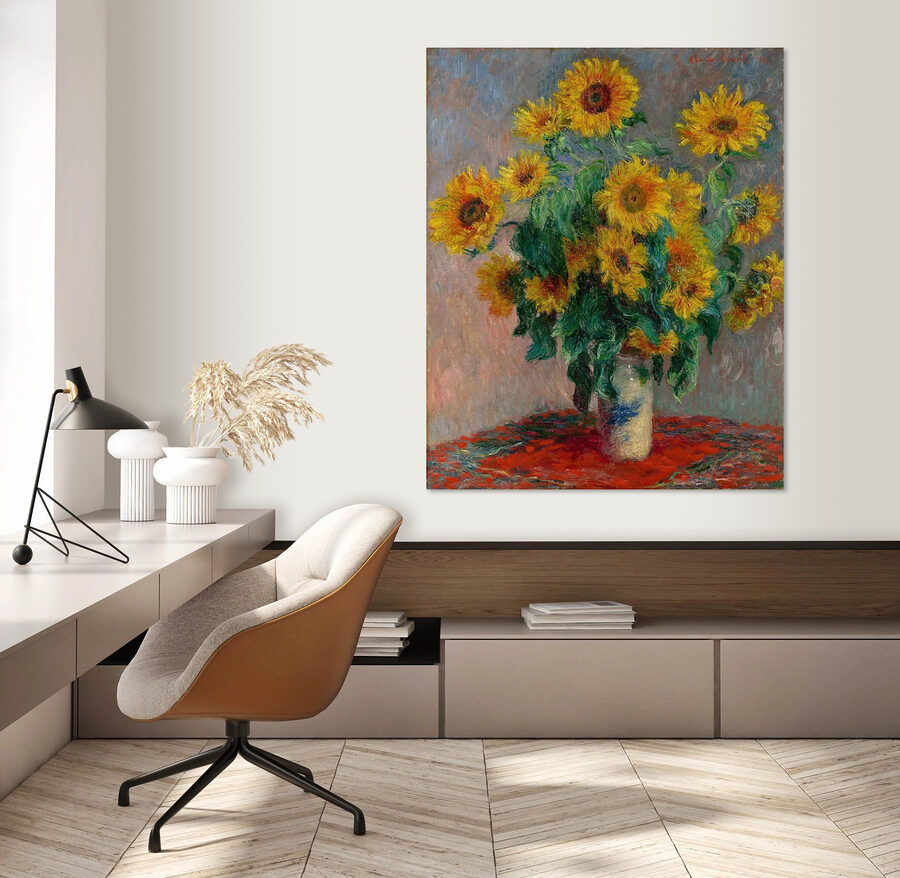 Schilderij van zonnebloemen in een vaas