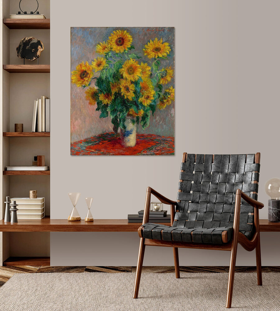 Schilderij van zonnebloemen in een vaas