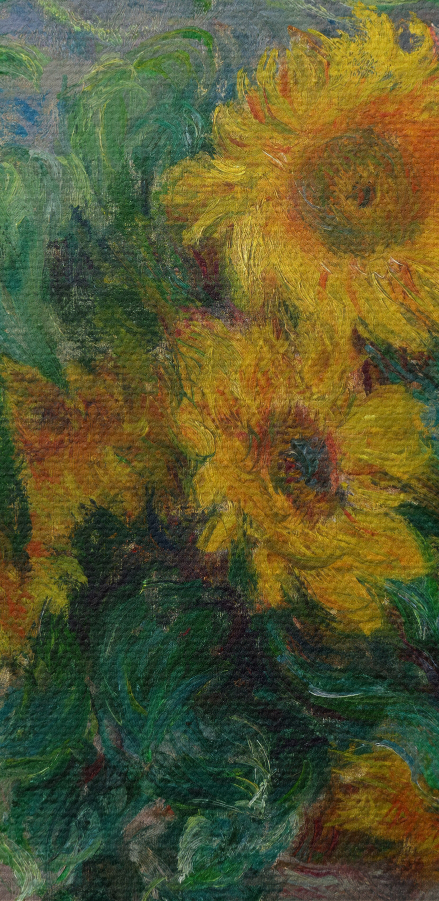 Schilderij van zonnebloemen in een vaas
