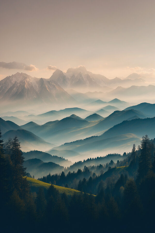 Bergketen met bomen en mist Bergketen met bomen en mist