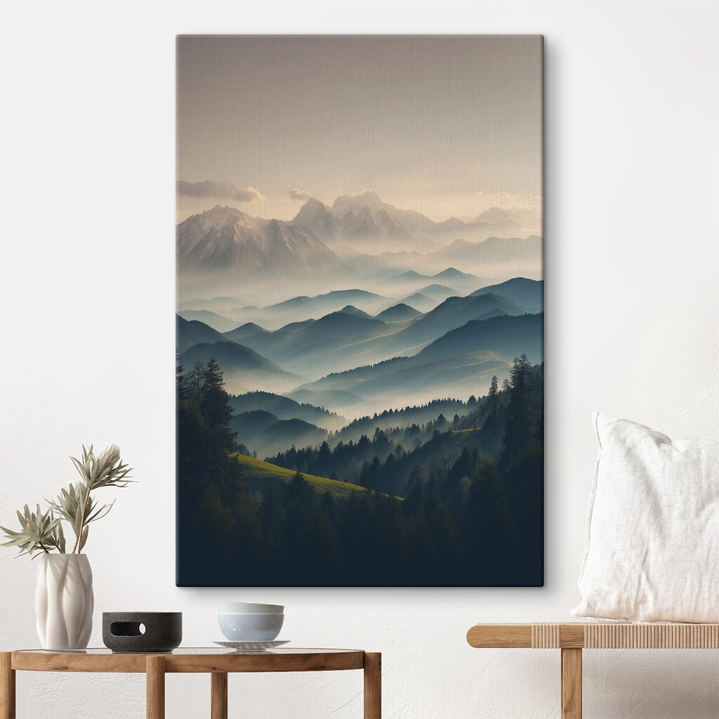Mountain range with trees and fog