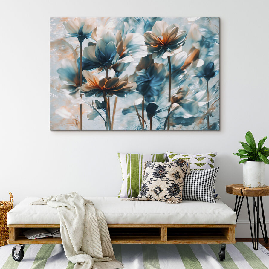 Groep bloemen met blauwe en witte bloemblaadjes