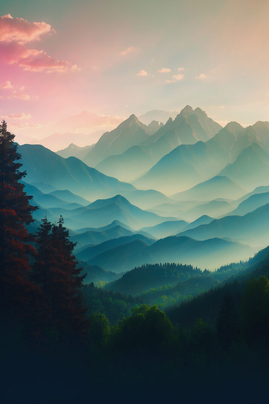 Bergketen met bomen en wolken